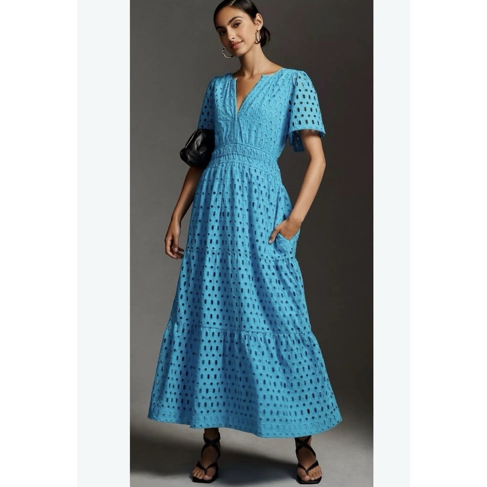 Anthropologie XS Maeve Somerset Short Sleeve Tiered Blue Eyelet Maxi Dress